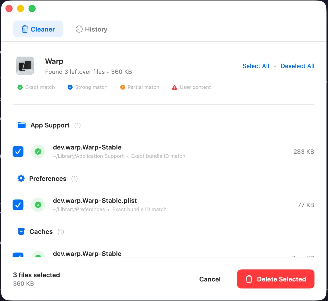 Crufti results view showing leftover files found for an uninstalled app